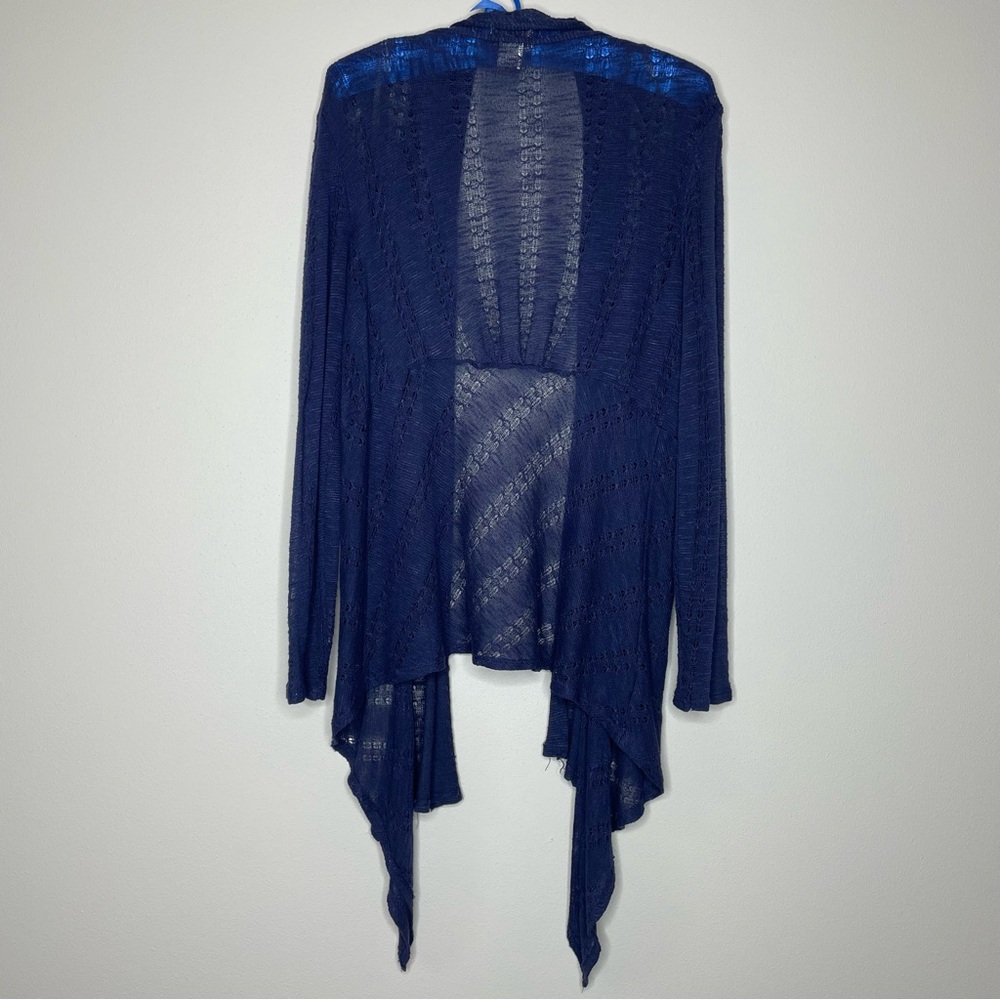 Deep Blue Open-Front Lightweight Cardigan Waterfall Edge Open-Work Knit - Picture 2 of 6